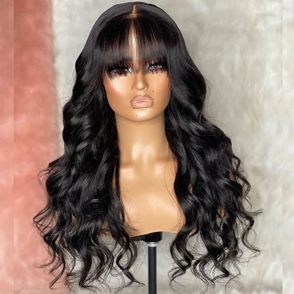 Body Wave Human Hair Wigs With Bangs Short Bob Wig With Bangs 180% Density Brazilian Fringe Remy Full Machine Made Wig For Women