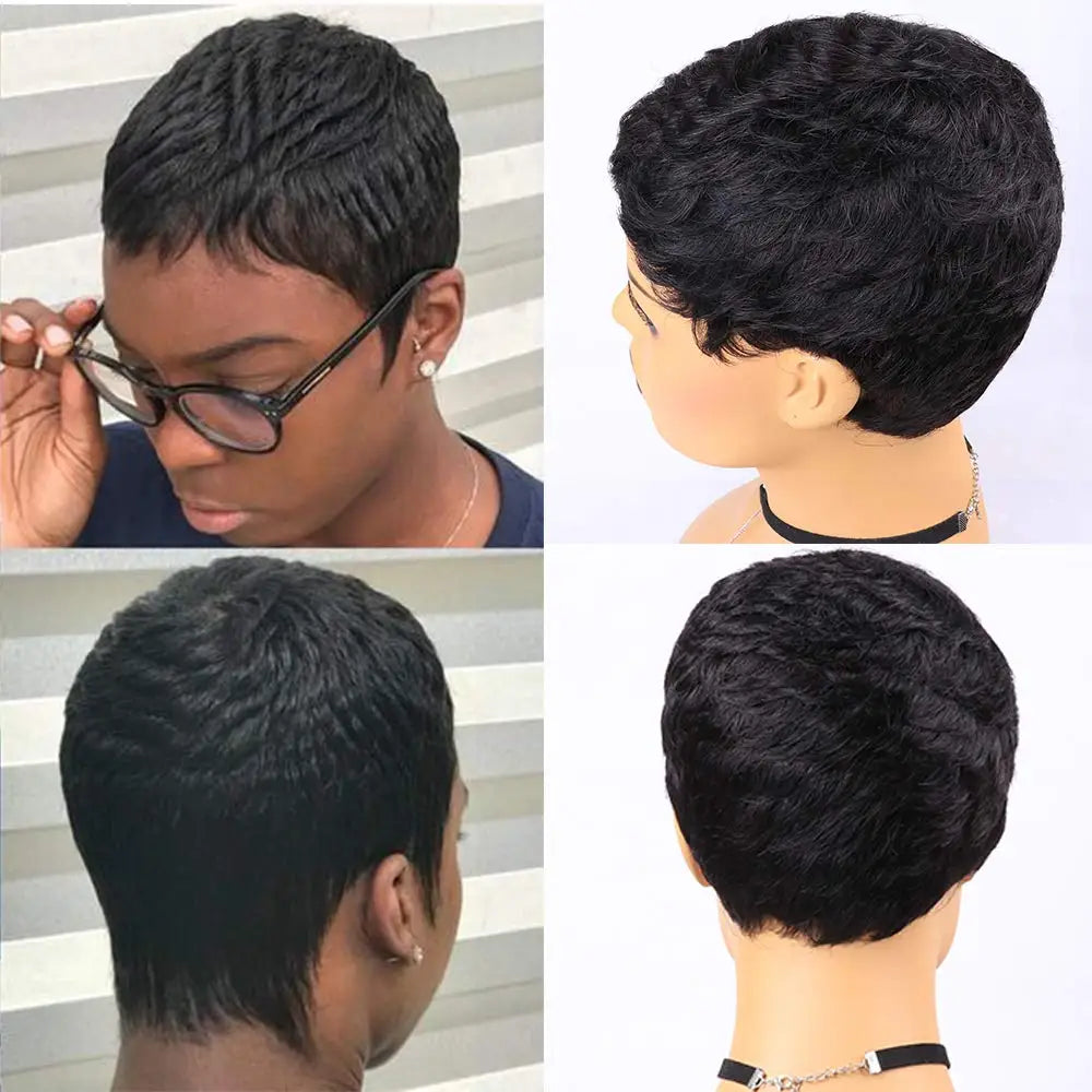 150% Density Chic Pixie Cut Human Hair Wig with Bangs - Brazilian Non-Lace Front, Full Machine-Made for Everyday Elegance