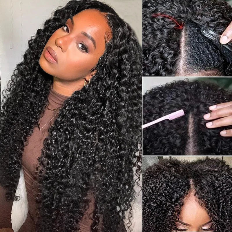 Kinky Curly V Part Wig 100% Human Hair 4C Afro Curly V Part Human Hair Wigs for Women Brazilian Deep Wave Thin Part Wig on Sale