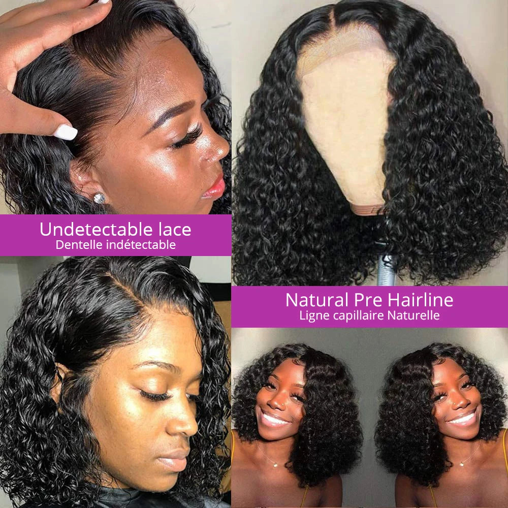 13x1 Curly Short Bob Lace Wigs Brazilian 4x4 Bob Lace Closure Wig Glueless Deep Wave Lace Frontal Human Hair Wigs For Women 220%