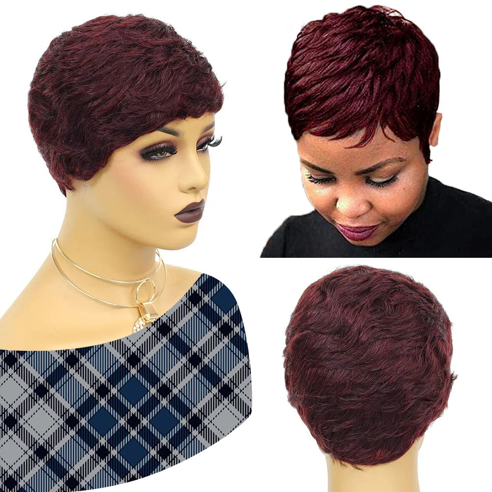 150% Density Chic Pixie Cut Human Hair Wig with Bangs - Brazilian Non-Lace Front, Full Machine-Made for Everyday Elegance