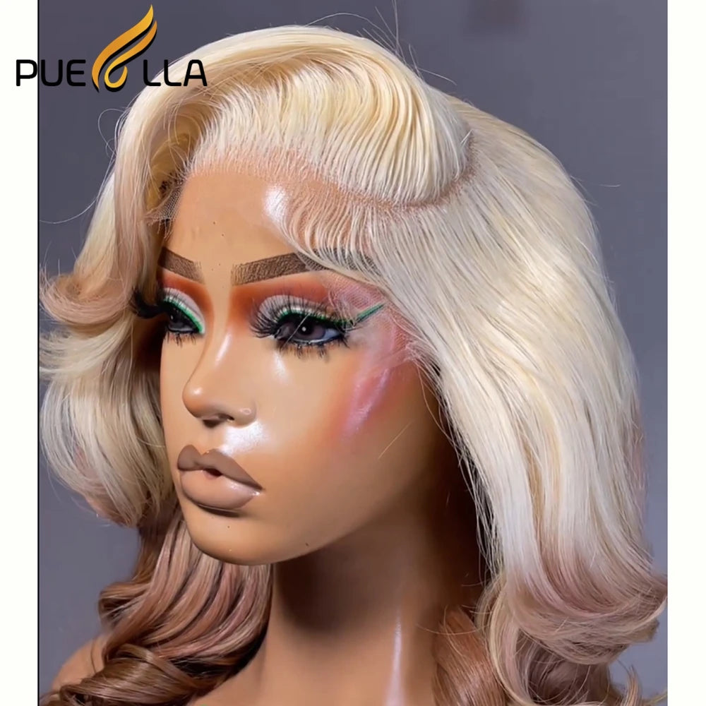 Ombre Honey Blonde 13X4 Lace Front Wig Remy Human Hair Preplucked 613 Brown Colored Short Wavy Transparent Lace Frontal Wigs