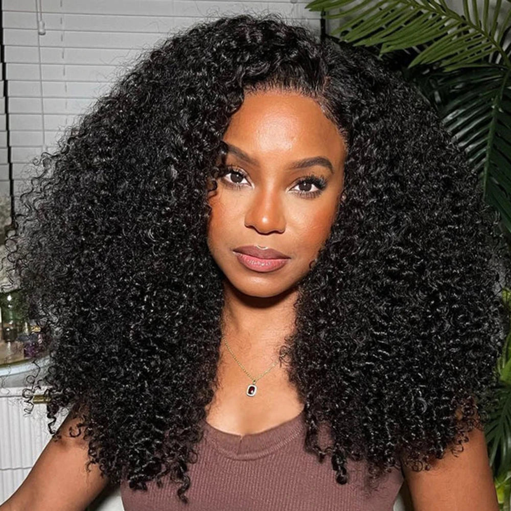 300% Density Kinky Curly 13X4 Hd Transparent Lace Frontal Human Hair Wig For Women Raw Indian Hair Natural Color Pre-Plucked