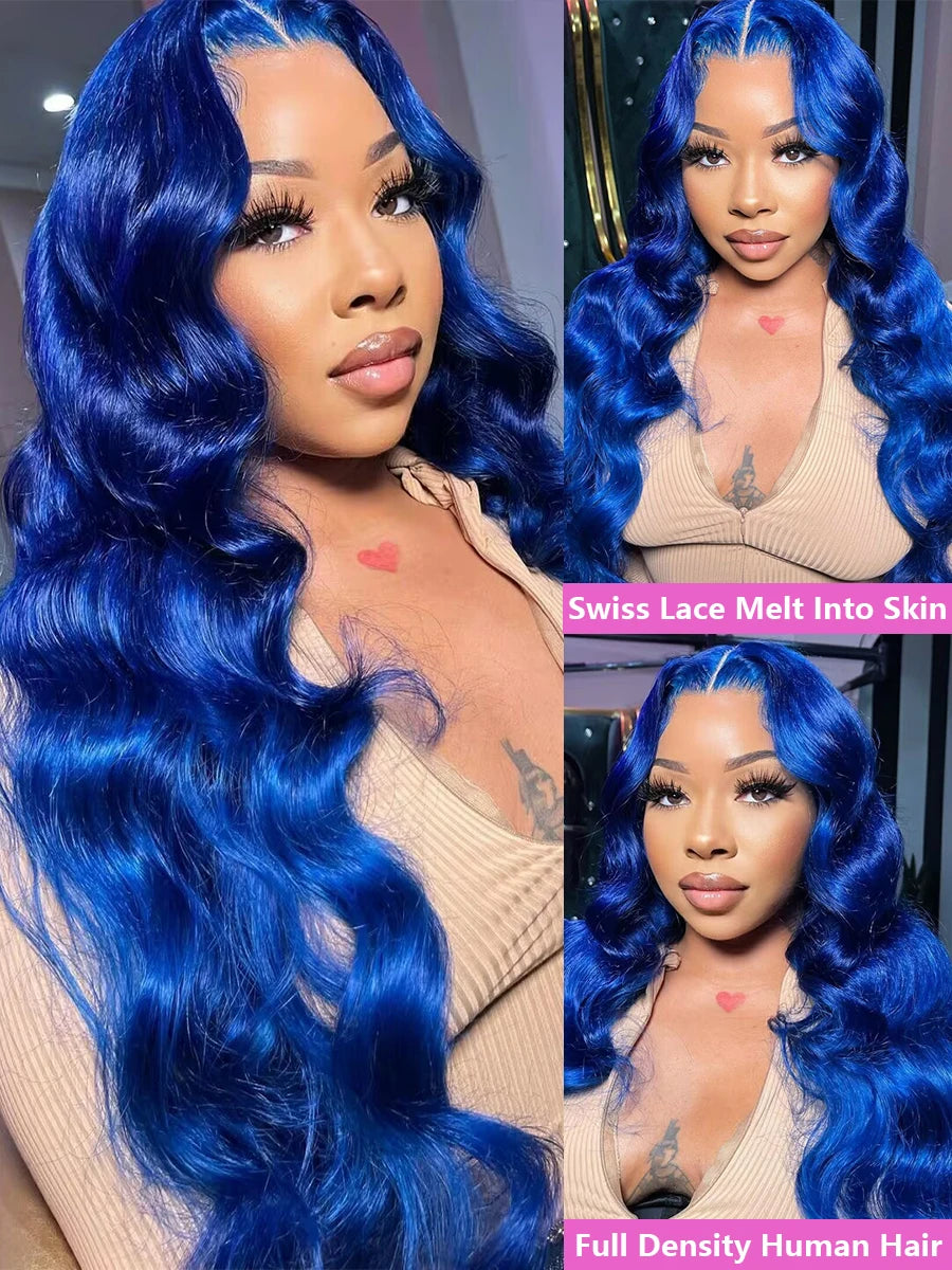 Blue 13x4 Lace Front Body Wave Human Hair Wigs Brazilian Blue Colored HD Transparent Lace Front Wigs For Women Pre Plucked
