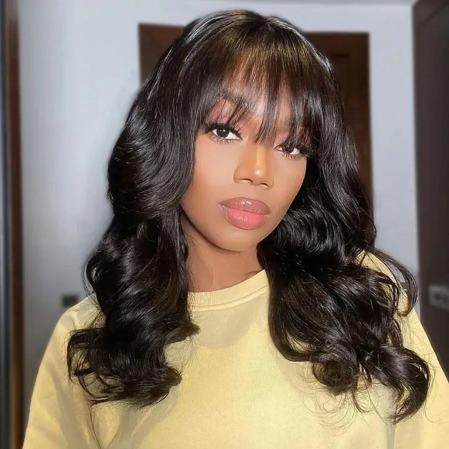 Body Wave Human Hair Wigs With Bangs Short Bob Wig With Bangs 180% Density Brazilian Fringe Remy Full Machine Made Wig For Women