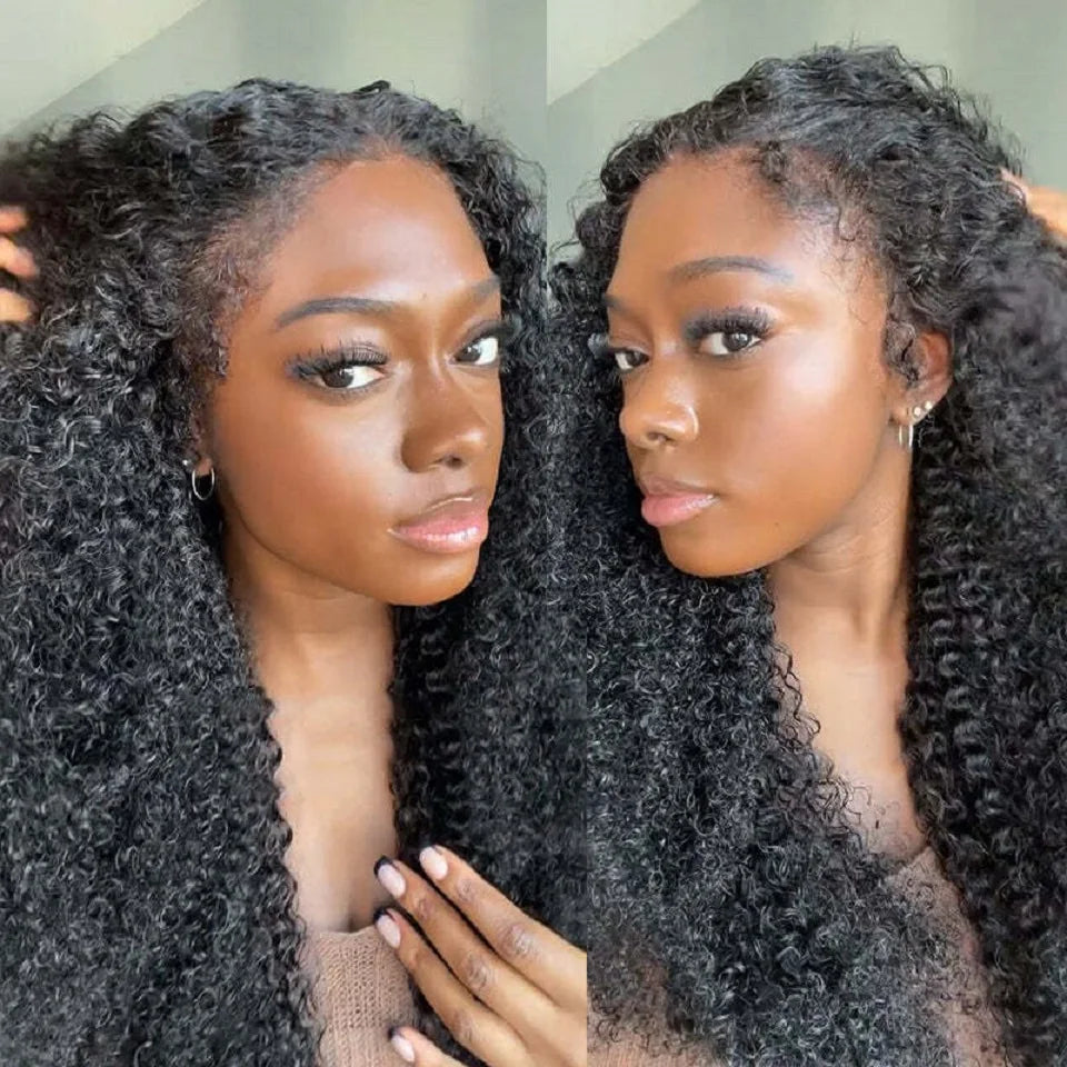 Kinky Curly Human Hair Wig With 4C Curly Edges Hairline Baby Hair 13x4 Transparent Lace Front Human Wig Easy To Wear Wig No Glue