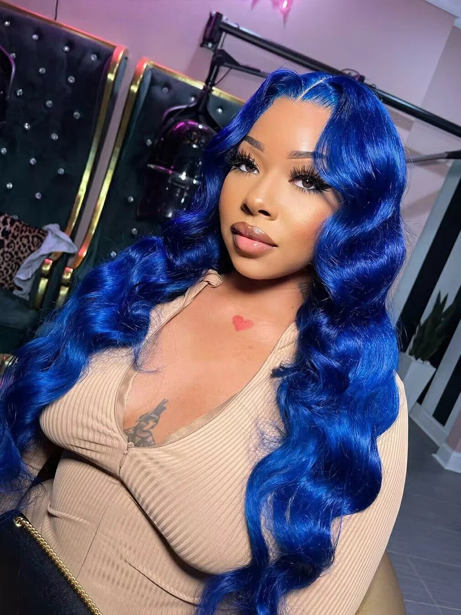 Blue 13x4 Lace Front Body Wave Human Hair Wigs Brazilian Blue Colored HD Transparent Lace Front Wigs For Women Pre Plucked
