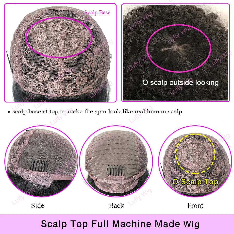 4B 4C Afro Kinky Curly Wig with Bangs Human Hair Full Machine Made Scalp Top Wig 200 Density Remy Brazilian Short Bob Curly Wigs
