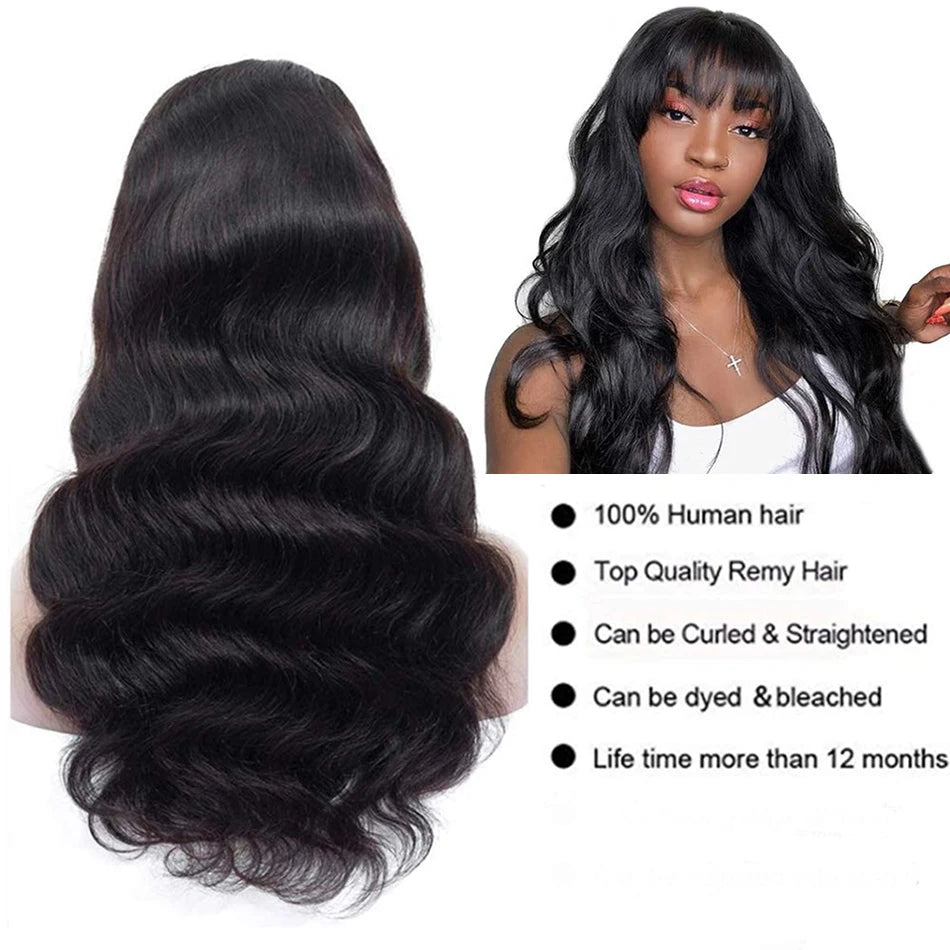 Body Wave Human Hair Wigs With Bangs Short Bob Wig With Bangs 180% Density Brazilian Fringe Remy Full Machine Made Wig For Women