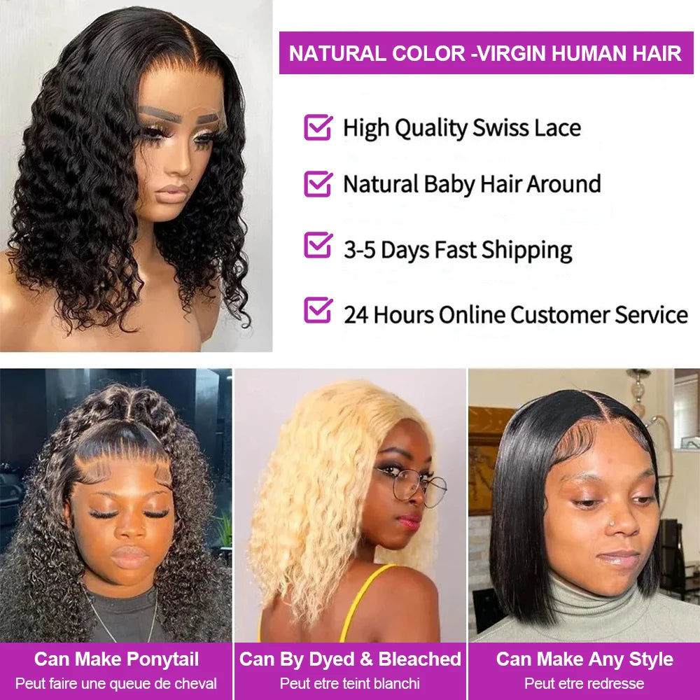 13x1 Curly Short Bob Lace Wigs Brazilian 4x4 Bob Lace Closure Wig Glueless Deep Wave Lace Frontal Human Hair Wigs For Women 220%