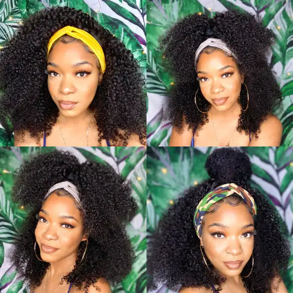 Afro Kinky Curly Wig Silk Headband Wig Human Hair for Women 180% Glueless Wigmy Curly Human Hair Wig Brazilian Hair Half Wig