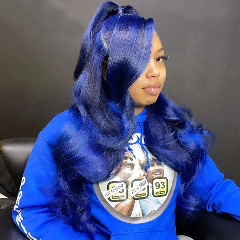Blue 13x4 Lace Front Body Wave Human Hair Wigs Brazilian Blue Colored HD Transparent Lace Front Wigs For Women Pre Plucked