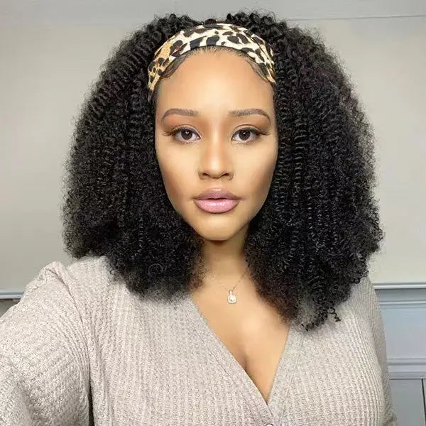 Afro Kinky Curly Wig Silk Headband Wig Human Hair for Women 180% Glueless Wigmy Curly Human Hair Wig Brazilian Hair Half Wig