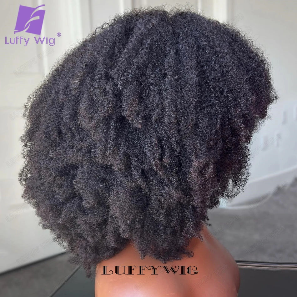 4B 4C Afro Kinky Curly Wig with Bangs Human Hair Full Machine Made Scalp Top Wig 200 Density Remy Brazilian Short Bob Curly Wigs