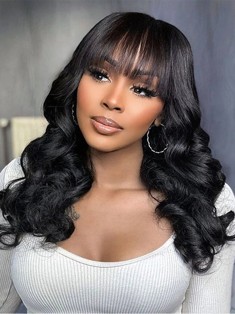 Body Wave Human Hair Wigs With Bangs Short Bob Wig With Bangs 180% Density Brazilian Fringe Remy Full Machine Made Wig For Women