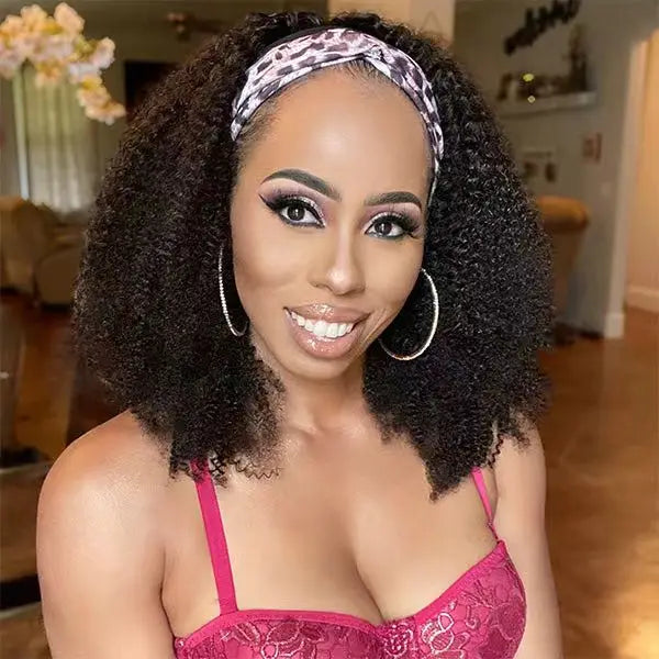 Afro Kinky Curly Wig Silk Headband Wig Human Hair for Women 180% Glueless Wigmy Curly Human Hair Wig Brazilian Hair Half Wig