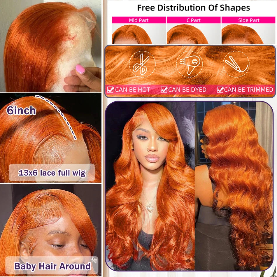 Ginger Orange 13x6 HD Lace Front Wigs Human Hair Bone Body Wave 13x4 Human Hair Lace Frontal Wigs Transparent Lace Wig For Women