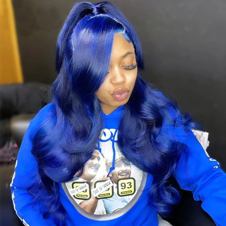 Blue 13x4 Lace Front Body Wave Human Hair Wigs Brazilian Blue Colored HD Transparent Lace Front Wigs For Women Pre Plucked