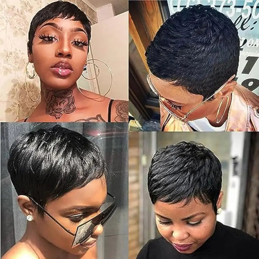 150% Density Chic Pixie Cut Human Hair Wig with Bangs - Brazilian Non-Lace Front, Full Machine-Made for Everyday Elegance