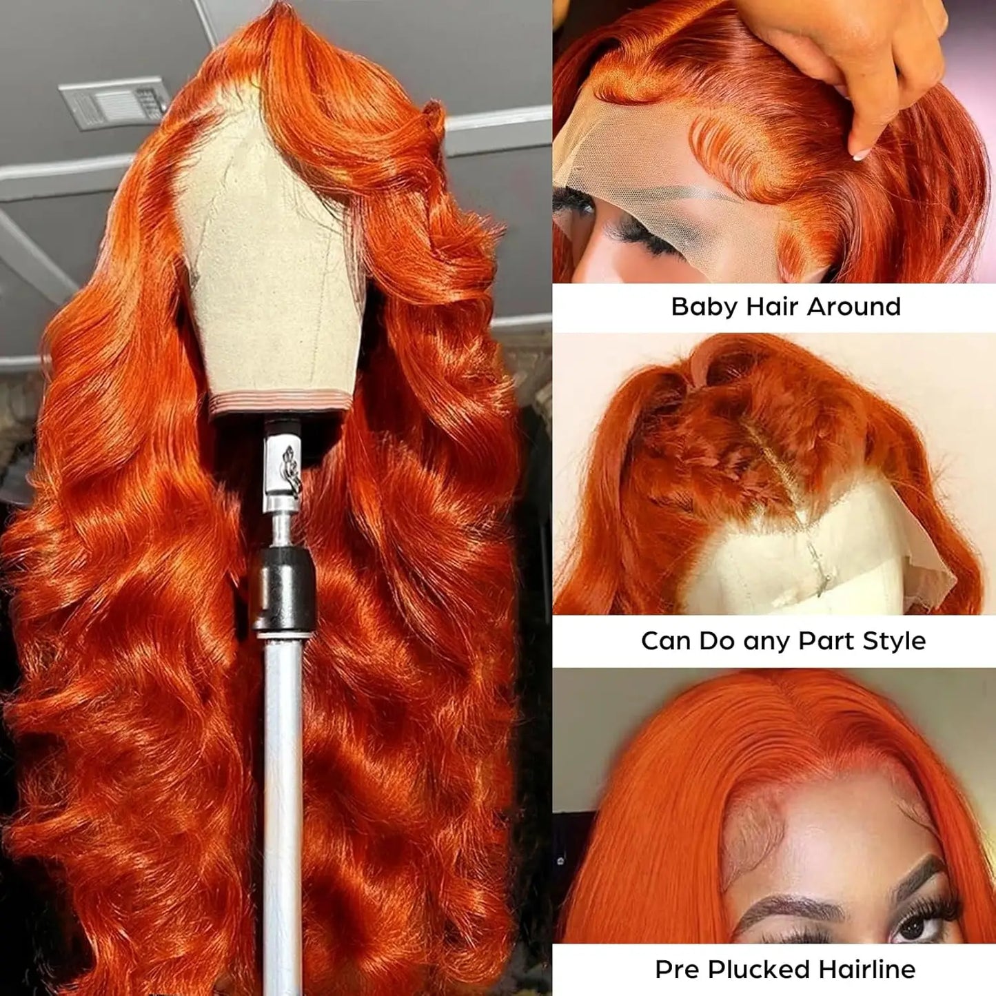 Luvin 13x4 13x6 220% Density Transparent HD Lace Front Wig Human Hair for Women Body Wave Remy Human Hair Ginger Orange 350#