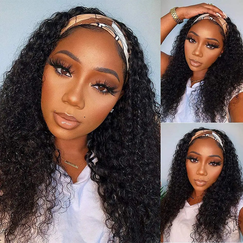 Human Hair Wigs Deep Wave Headband Wigs for Black Women No Lace Remy Hair Water Wave Headband Wigs KInky Curly 12-28 Inch Mobok