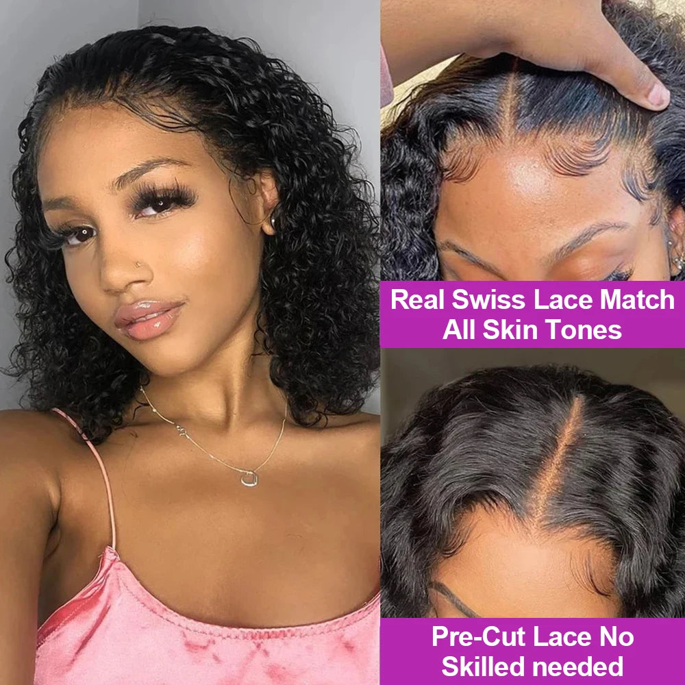 13x1 Curly Short Bob Lace Wigs Brazilian 4x4 Bob Lace Closure Wig Glueless Deep Wave Lace Frontal Human Hair Wigs For Women 220%