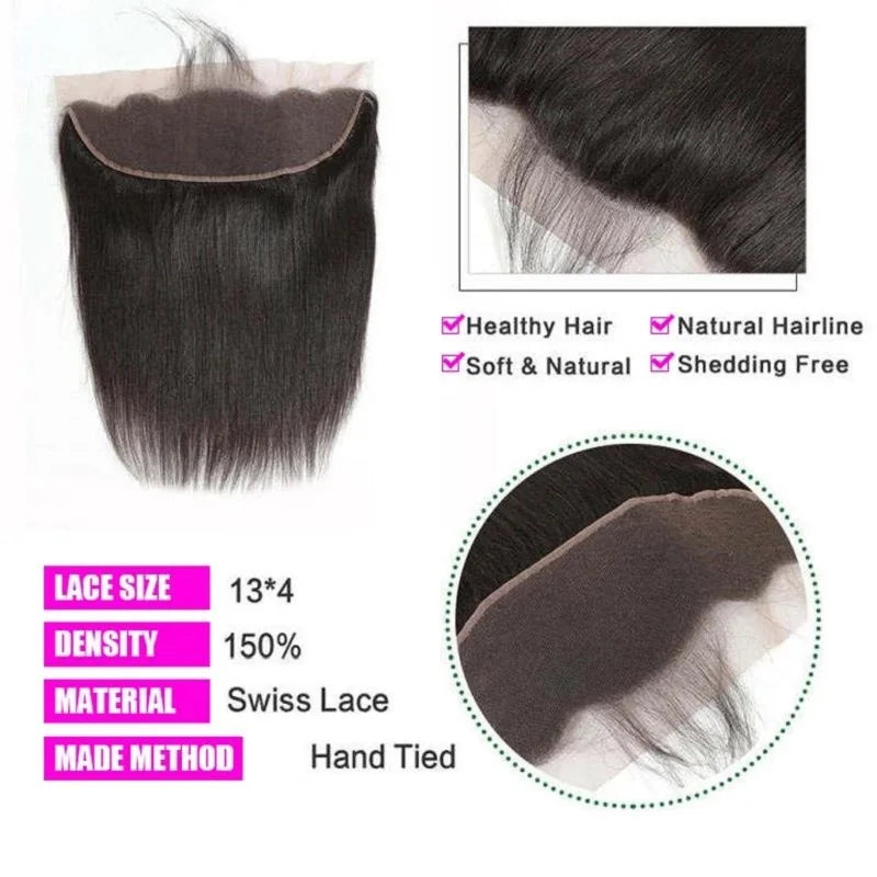 13x4 HD Transparent Lace Frontal 100% Human Hair Pre plucked Bleached Knots Natural Hair Line With Baby Hair 4x4 Lace Closure