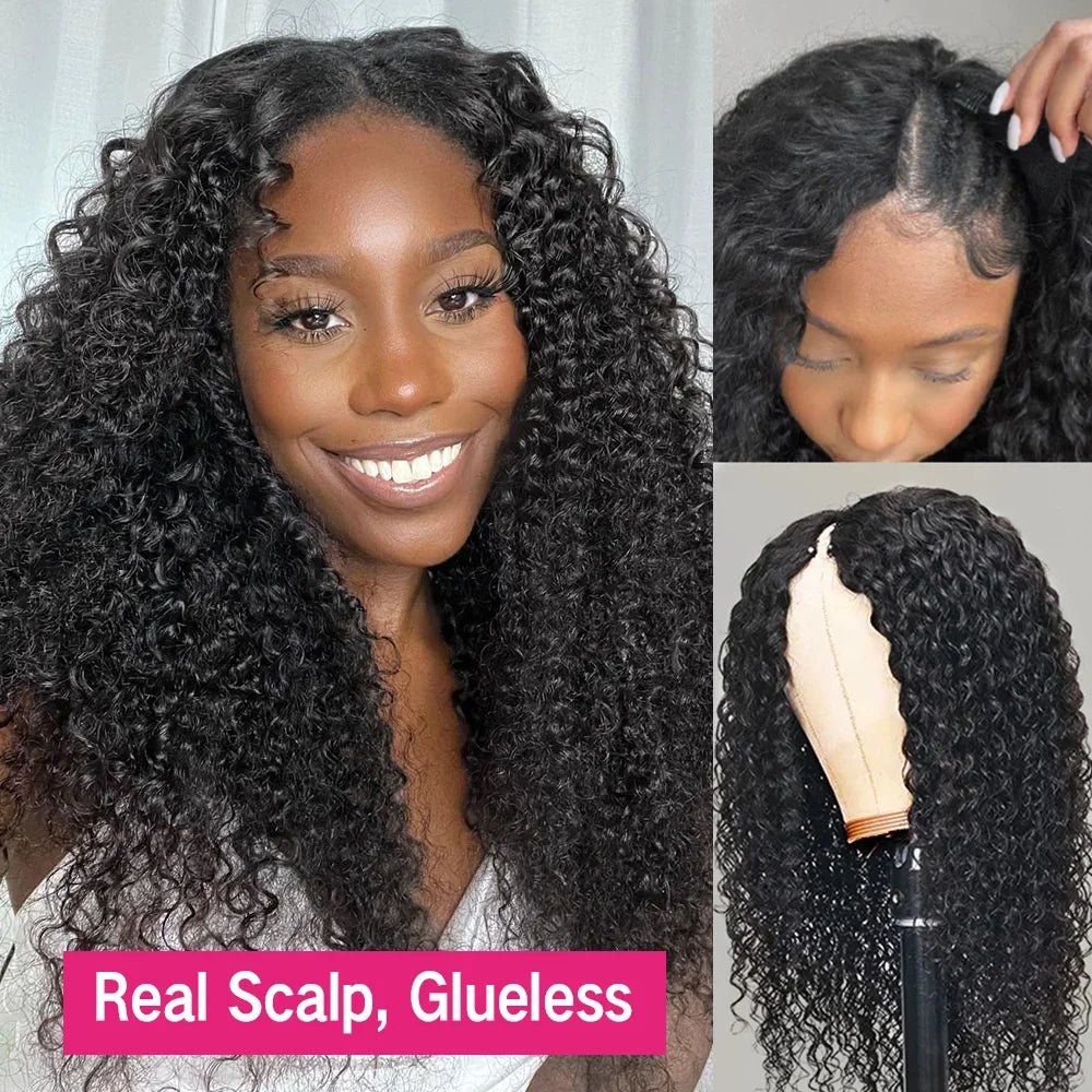 Kinky Curly V Part Wig 100% Human Hair 4C Afro Curly V Part Human Hair Wigs for Women Brazilian Deep Wave Thin Part Wig on Sale
