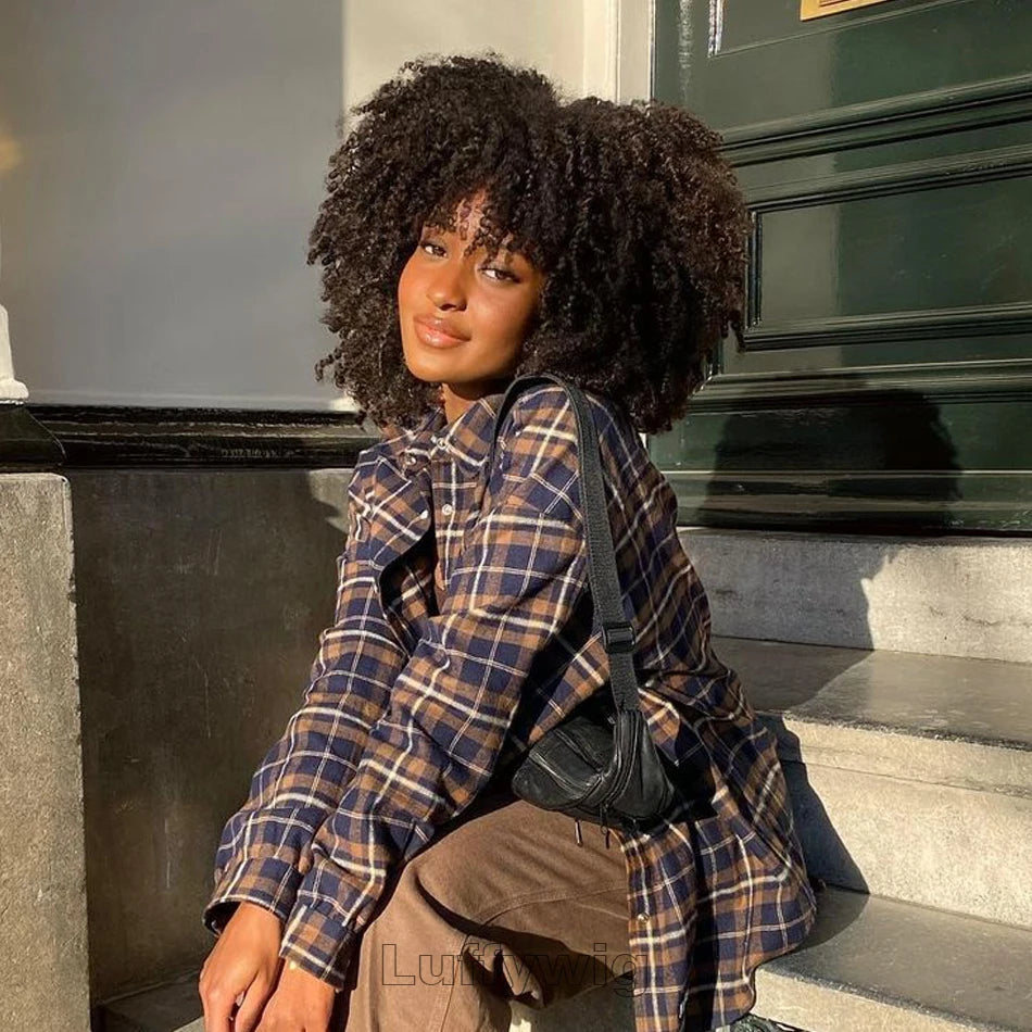 4B 4C Afro Kinky Curly Wig with Bangs Human Hair Full Machine Made Scalp Top Wig 200 Density Remy Brazilian Short Bob Curly Wigs