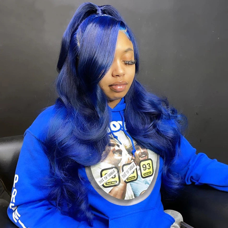 Blue 13x4 Lace Front Body Wave Human Hair Wigs Brazilian Blue Colored HD Transparent Lace Front Wigs For Women Pre Plucked