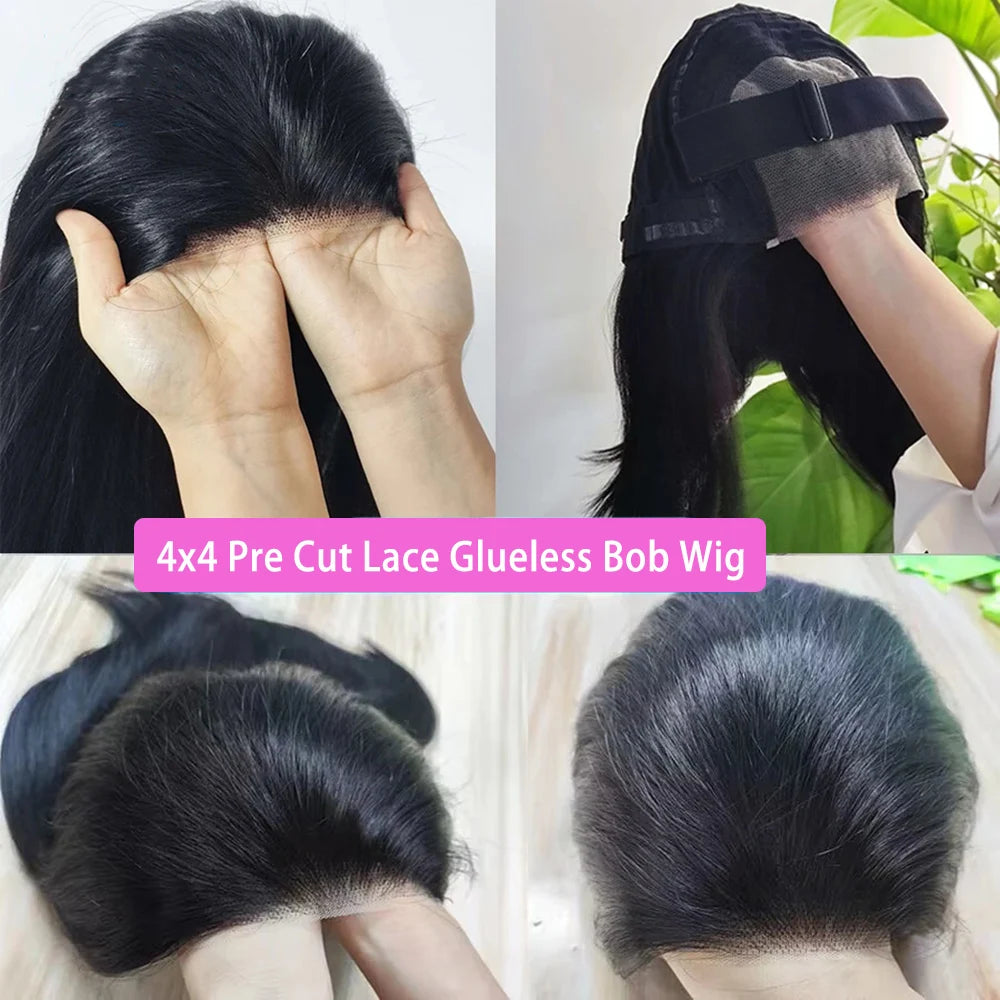 Wear And Go Bob Wigs Straight Glueless Bob Human Hair Wig Ready To Go 4x4 Transparent Lace Closure Wig For Women Pre Cut Lace Straight Wig Midulla 3 Day Wig