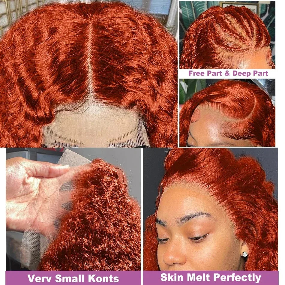 YKB 30 40 Inch 350 Ginger Kinky Curly 13x6 HD Lace Front Human Hair Wigs Orange Colored Deep Wave 13x4 Frontal Wig For Women