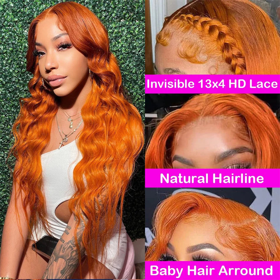 Orange Ginger 13x6 Lace Front Wigs Human Hair Body Wave 13x4 HD Transparent Lace Frontal Wig 180% Density Ginger Human Hair Wig