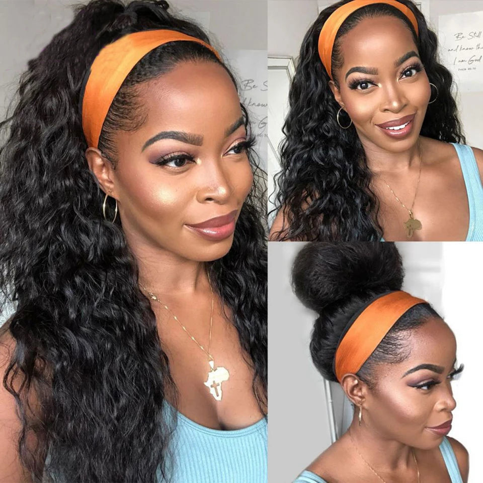 Human Hair Wigs Deep Wave Headband Wigs for Black Women No Lace Remy Hair Water Wave Headband Wigs KInky Curly 12-28 Inch Mobok