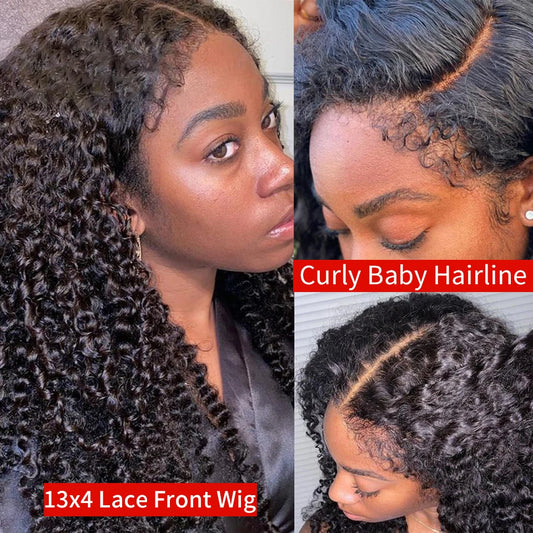 Kinky Curly Human Hair Wig With 4C Curly Edges Hairline Baby Hair 13x4 Transparent Lace Front Human Wig Easy To Wear Wig No Glue
