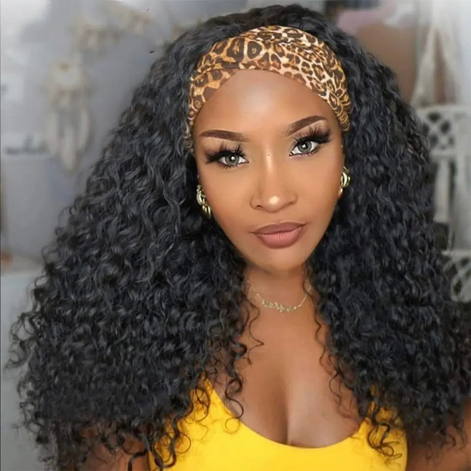 Human Hair Wigs Deep Wave Headband Wigs for Black Women No Lace Remy Hair Water Wave Headband Wigs KInky Curly 12-28 Inch Mobok