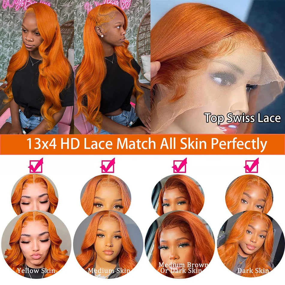 Orange Ginger 13x6 Lace Front Wigs Human Hair Body Wave 13x4 HD Transparent Lace Frontal Wig 180% Density Ginger Human Hair Wig