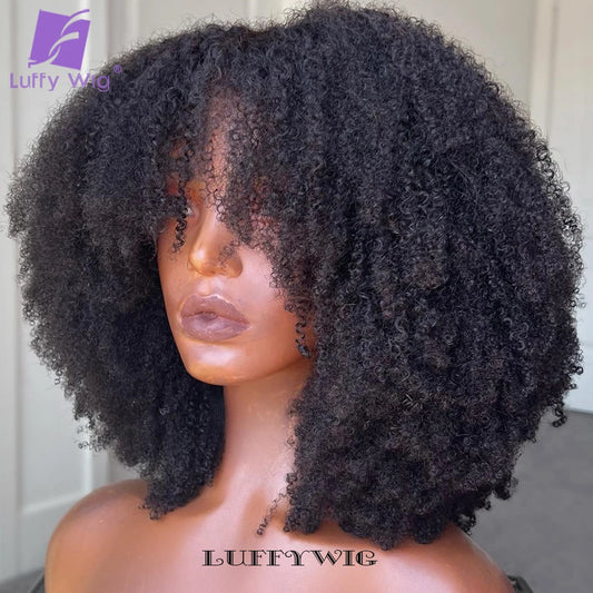 4B 4C Afro Kinky Curly Wig with Bangs Human Hair Full Machine Made Scalp Top Wig 200 Density Remy Brazilian Short Bob Curly Wigs