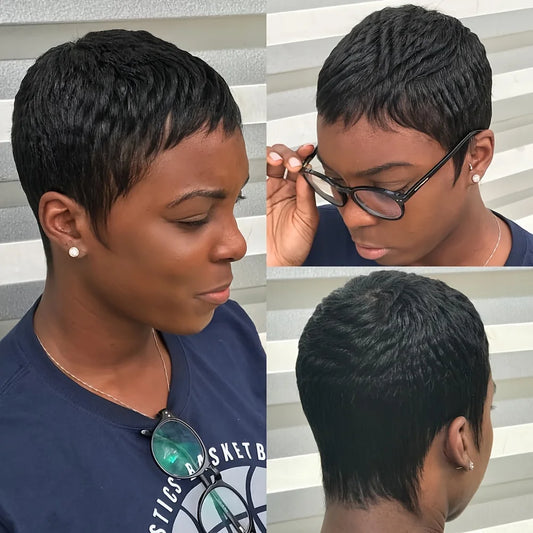 150% Density Chic Pixie Cut Human Hair Wig with Bangs - Brazilian Non-Lace Front, Full Machine-Made for Everyday Elegance