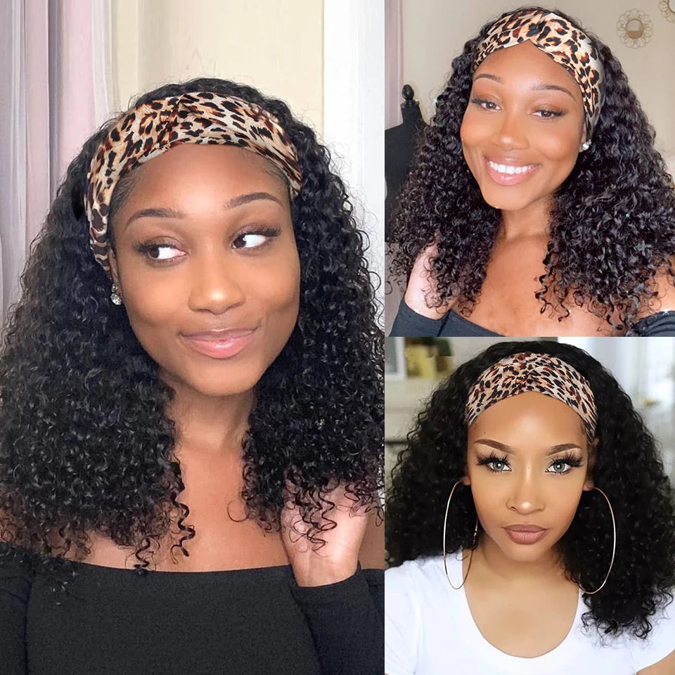 Human Hair Wigs Deep Wave Headband Wigs for Black Women No Lace Remy Hair Water Wave Headband Wigs KInky Curly 12-28 Inch Mobok