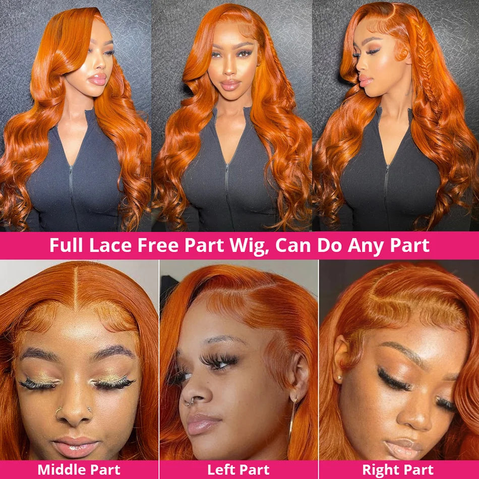 Orange Ginger 13x6 Lace Front Wigs Human Hair Body Wave 13x4 HD Transparent Lace Frontal Wig 180% Density Ginger Human Hair Wig