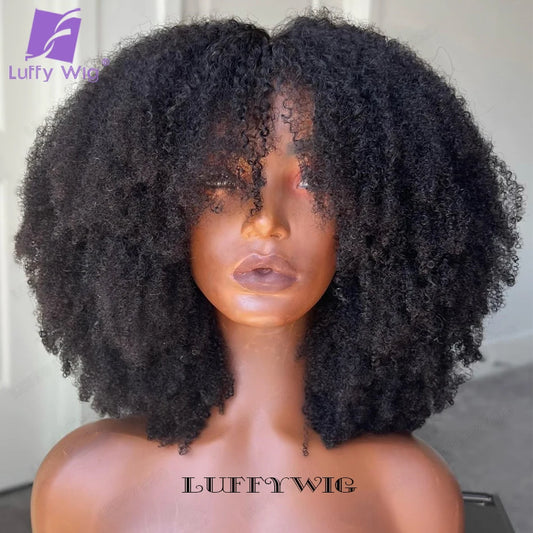 4B 4C Afro Kinky Curly Wig with Bangs Human Hair Full Machine Made Scalp Top Wig 200 Density Remy Brazilian Short Bob Curly Wigs