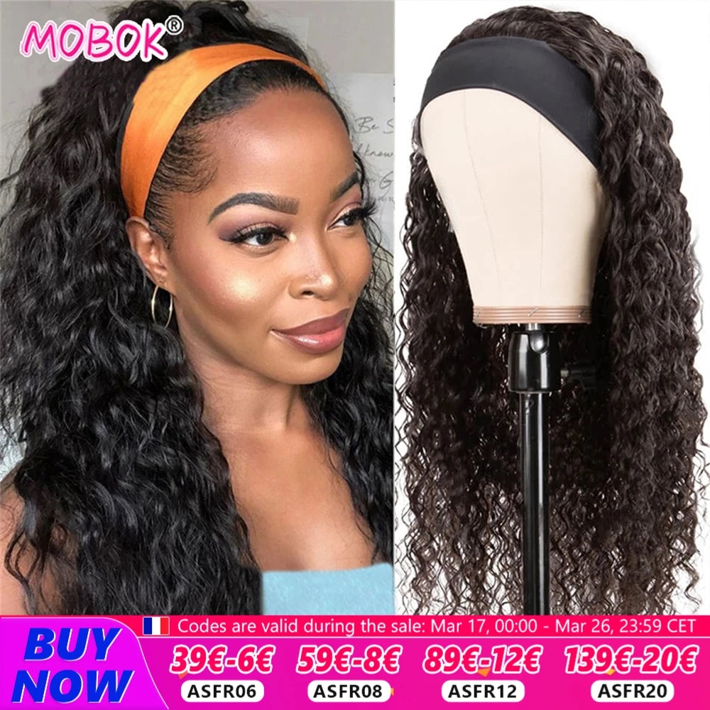 Human Hair Wigs Deep Wave Headband Wigs for Black Women No Lace Remy Hair Water Wave Headband Wigs KInky Curly 12-28 Inch Mobok