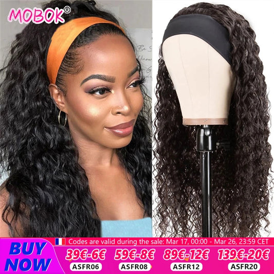 Human Hair Wigs Deep Wave Headband Wigs for Black Women No Lace Remy Hair Water Wave Headband Wigs KInky Curly 12-28 Inch Mobok
