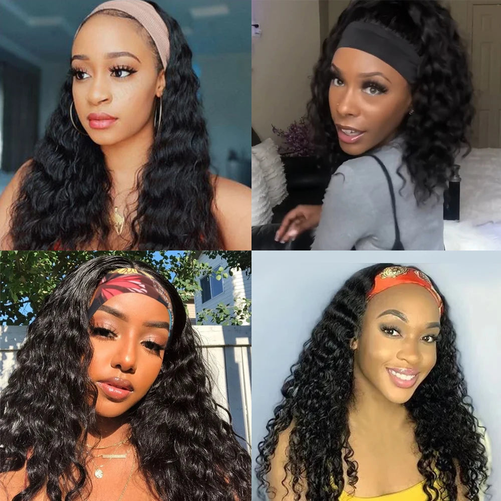 Human Hair Wigs Deep Wave Headband Wigs for Black Women No Lace Remy Hair Water Wave Headband Wigs KInky Curly 12-28 Inch Mobok