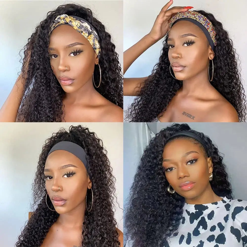 Human Hair Wigs Deep Wave Headband Wigs for Black Women No Lace Remy Hair Water Wave Headband Wigs KInky Curly 12-28 Inch Mobok