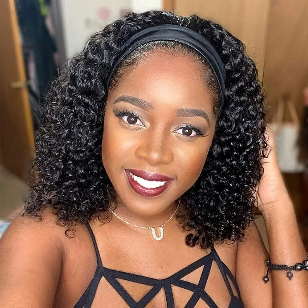 Human Hair Wigs Deep Wave Headband Wigs for Black Women No Lace Remy Hair Water Wave Headband Wigs KInky Curly 12-28 Inch Mobok