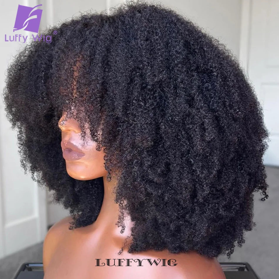 4B 4C Afro Kinky Curly Wig with Bangs Human Hair Full Machine Made Scalp Top Wig 200 Density Remy Brazilian Short Bob Curly Wigs
