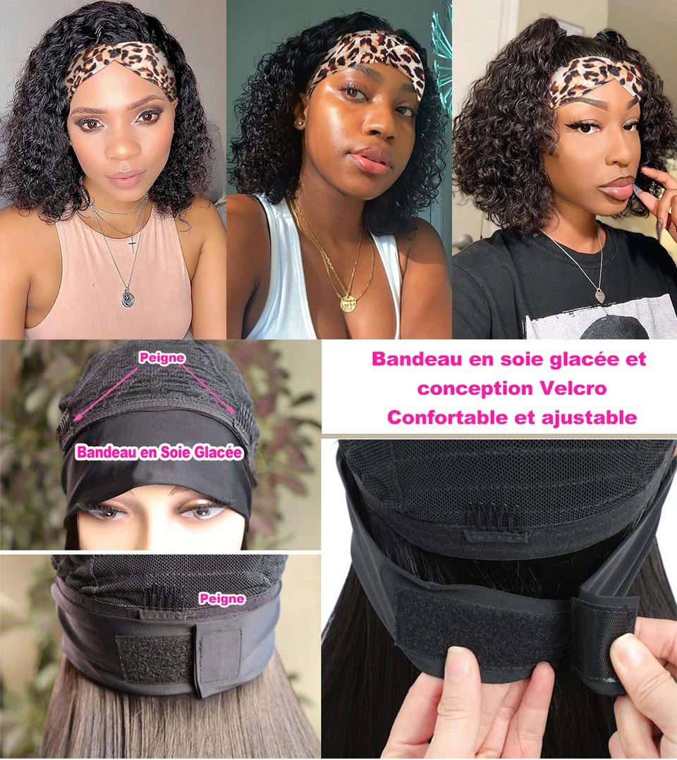 Human Hair Wigs Deep Wave Headband Wigs for Black Women No Lace Remy Hair Water Wave Headband Wigs KInky Curly 12-28 Inch Mobok