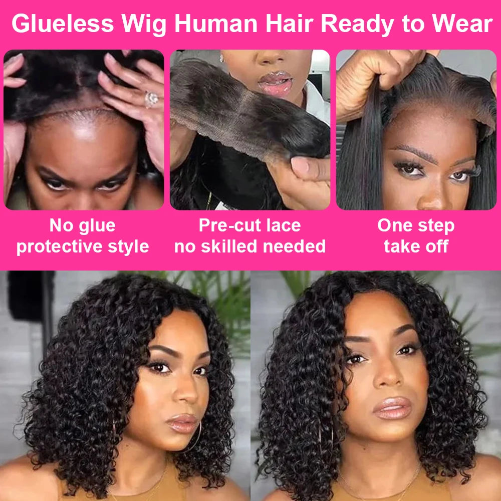 Pre Cut No Glue Deep Wave 13x4 Lace Frontal Wig Short Bob Wig Jerry Curly 7x5 Glueless Wig Human Hair Ready Go Wig For Women